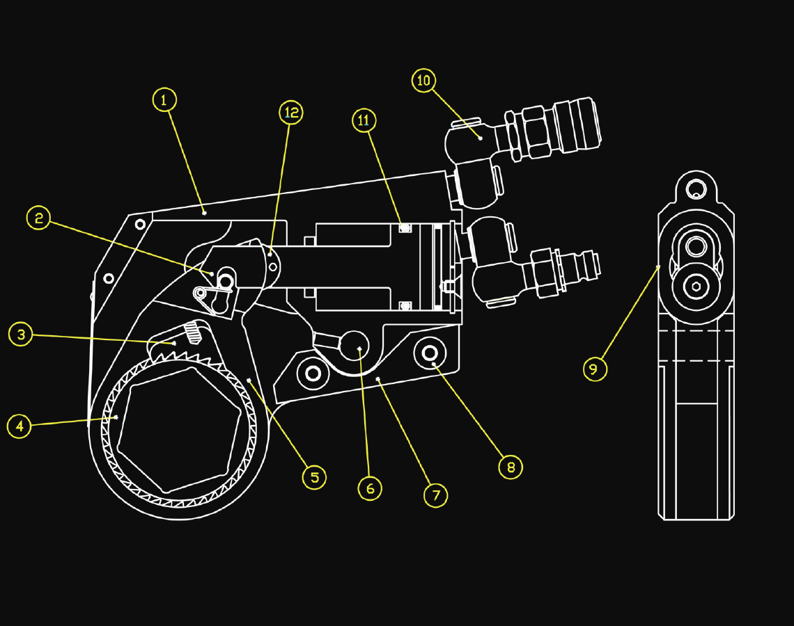 TorcUP TX Series cutaway diagram showing the 12 Power Inside components, including the patented peanut-shaped cylinder, multi-tooth ratchet, and never-lock drive pawl